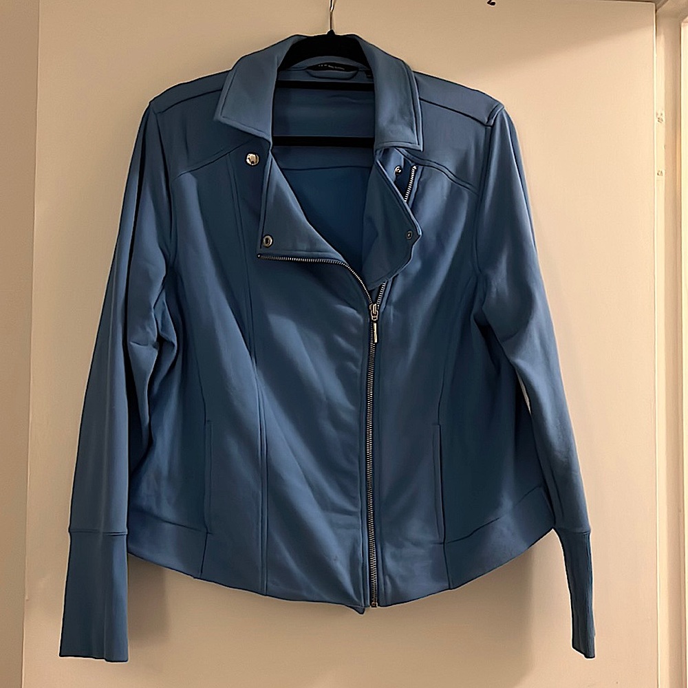 Light blue cotton moto jacket.